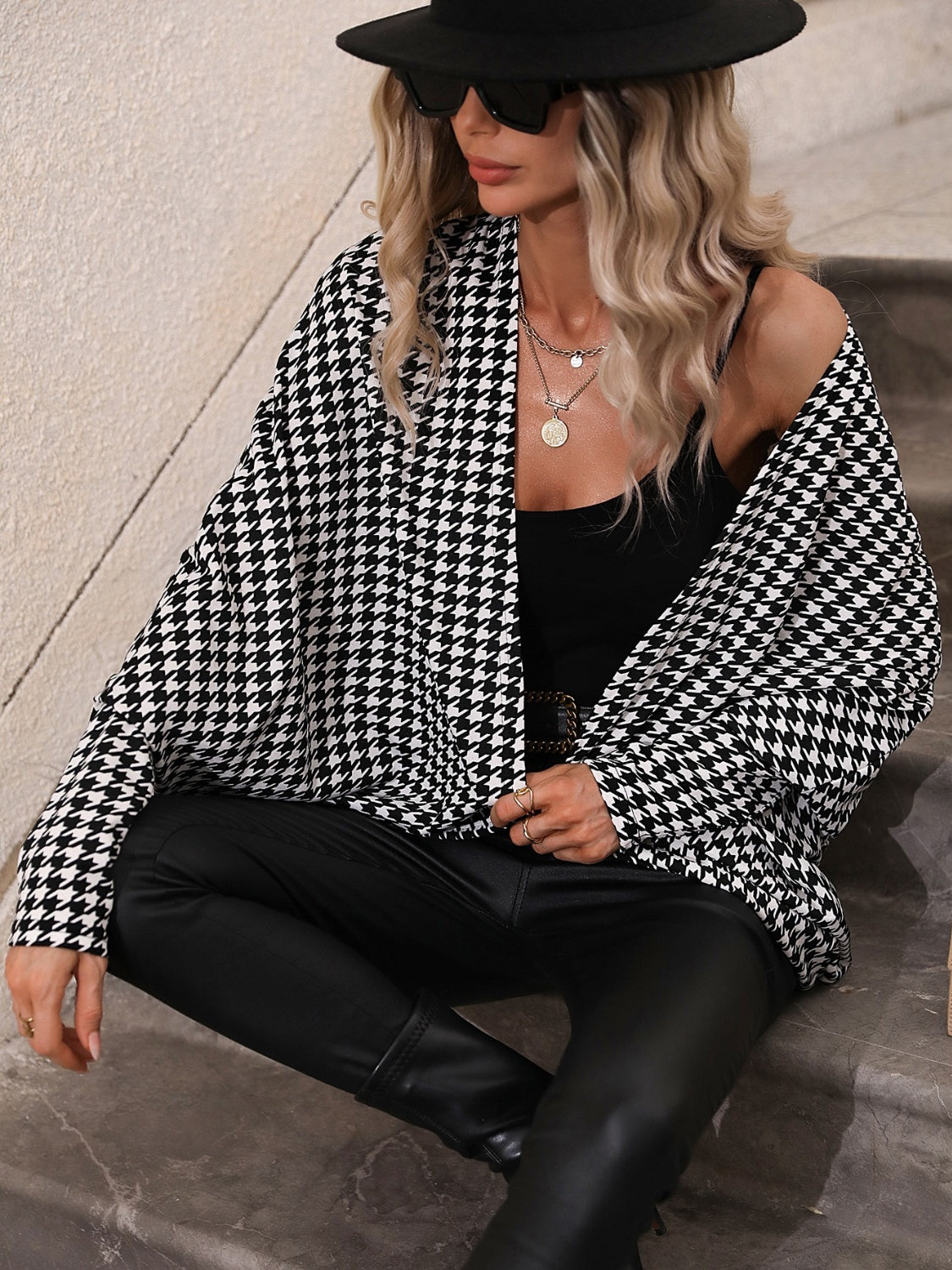 Houndstooth Open Front Batwing Sleeve Cardigan-True and Wild