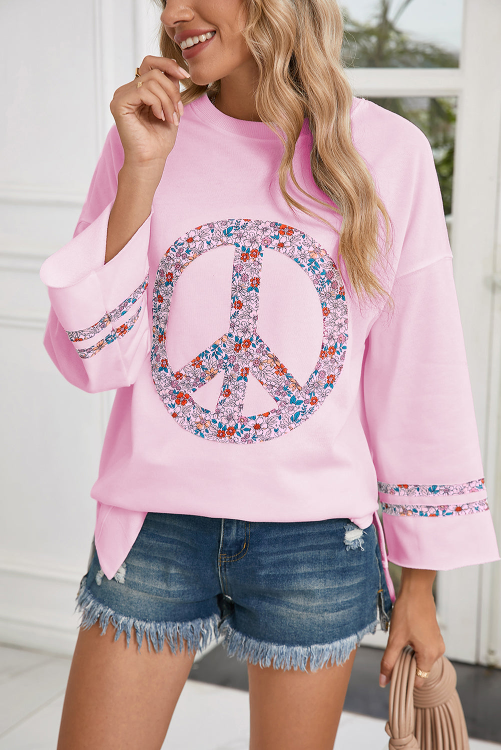 Light Pink Floral Peace Sign Drop Shoulder Top-True and Wild