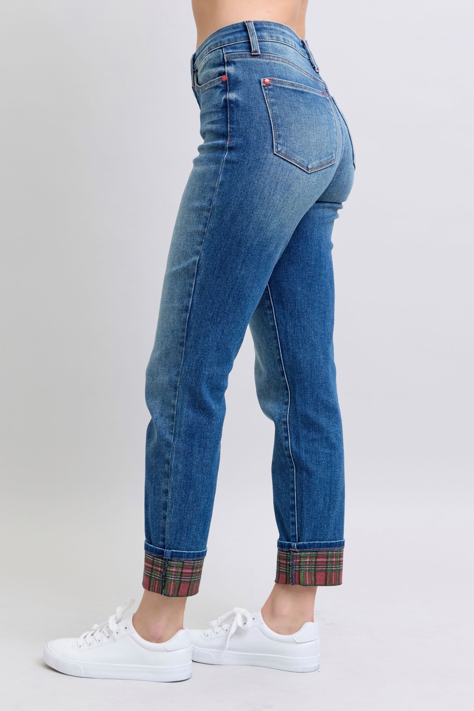 Judy Blue Full Size Plaid Print Cuff Straight Leg Jeans with Pockets-True and Wild