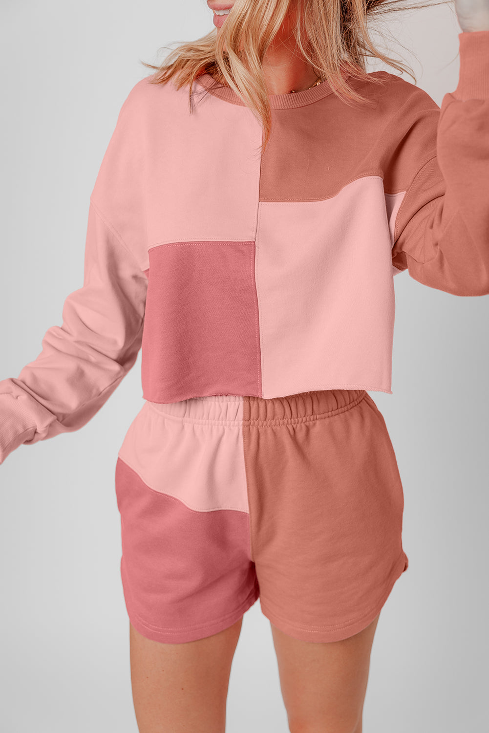 Peach Blossom Colorblock Long Sleeve Top & Pocketed Shorts Set-True and Wild