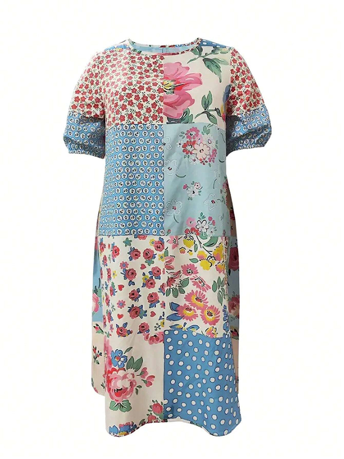 Patchwork Printed Round Neck Midi Dress-True and Wild