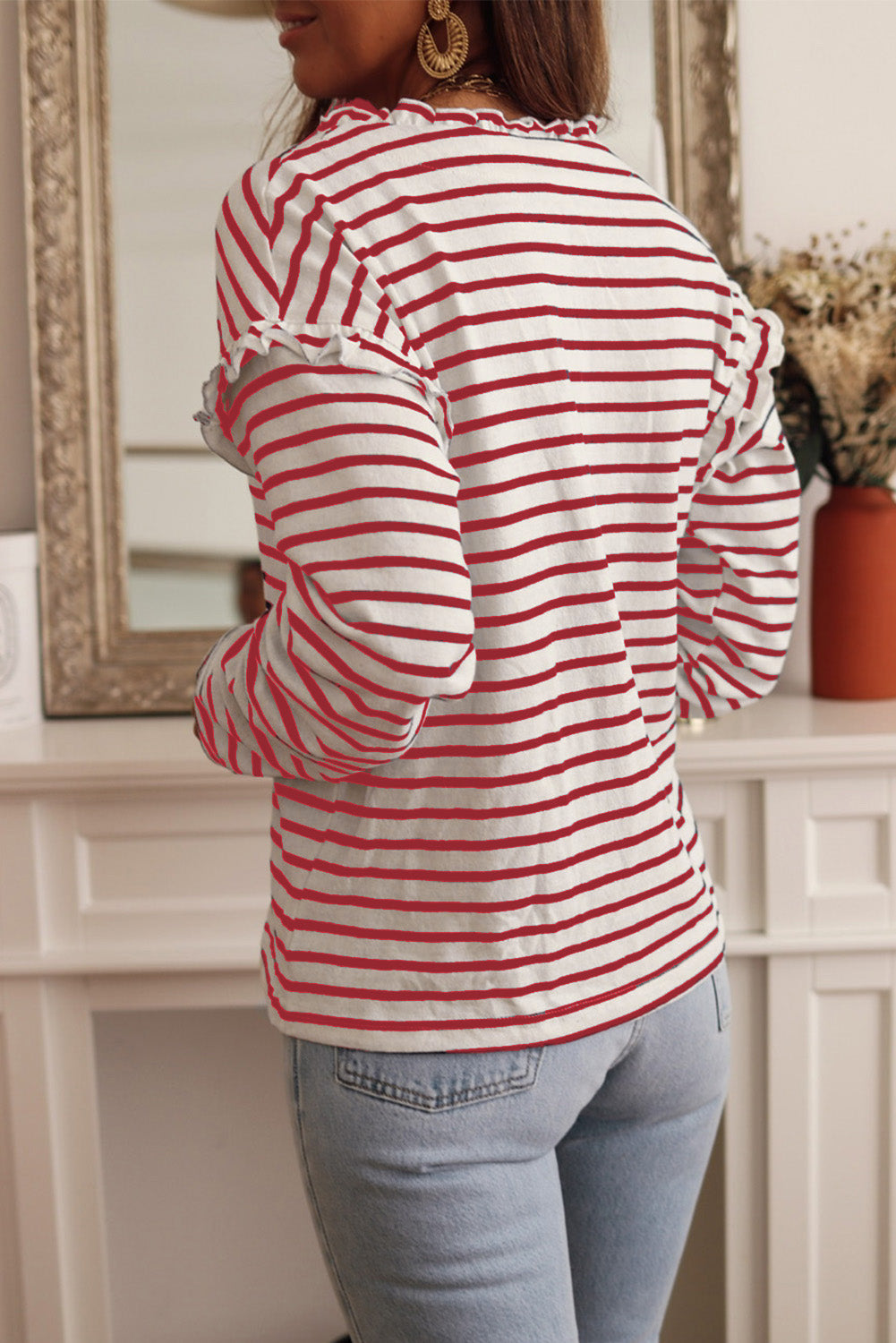 White Striped Snap Button Ruffle Trim Long Sleeve Top