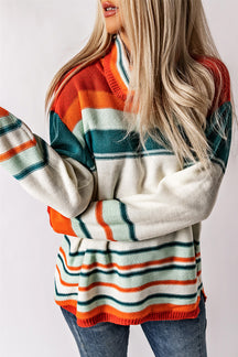 Contrast Striped Turtleneck Dropped Shoulder Sweater-True and Wild