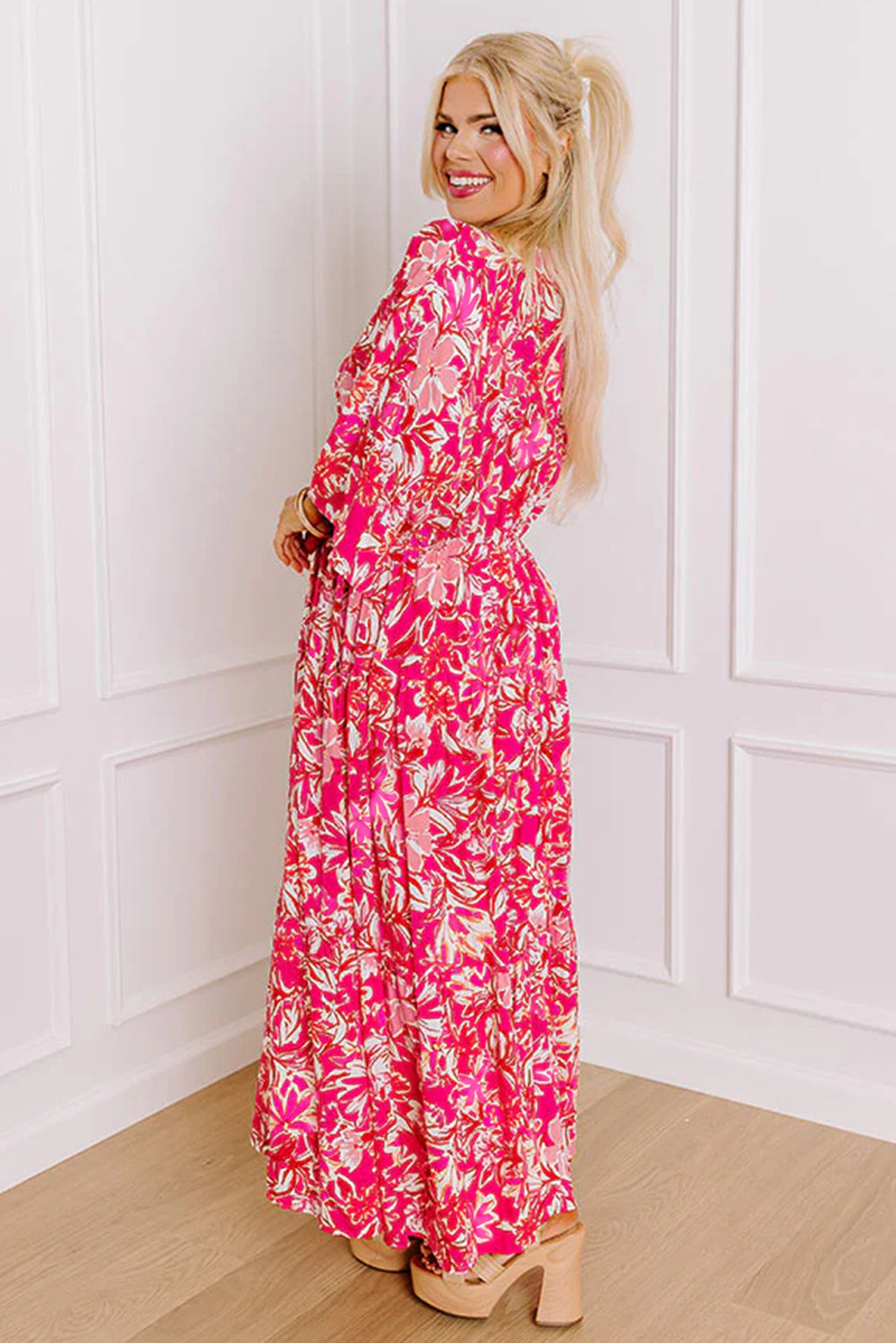 Rose Plus Size Floral V Neck Flounce Sleeve Boho Maxi Dress