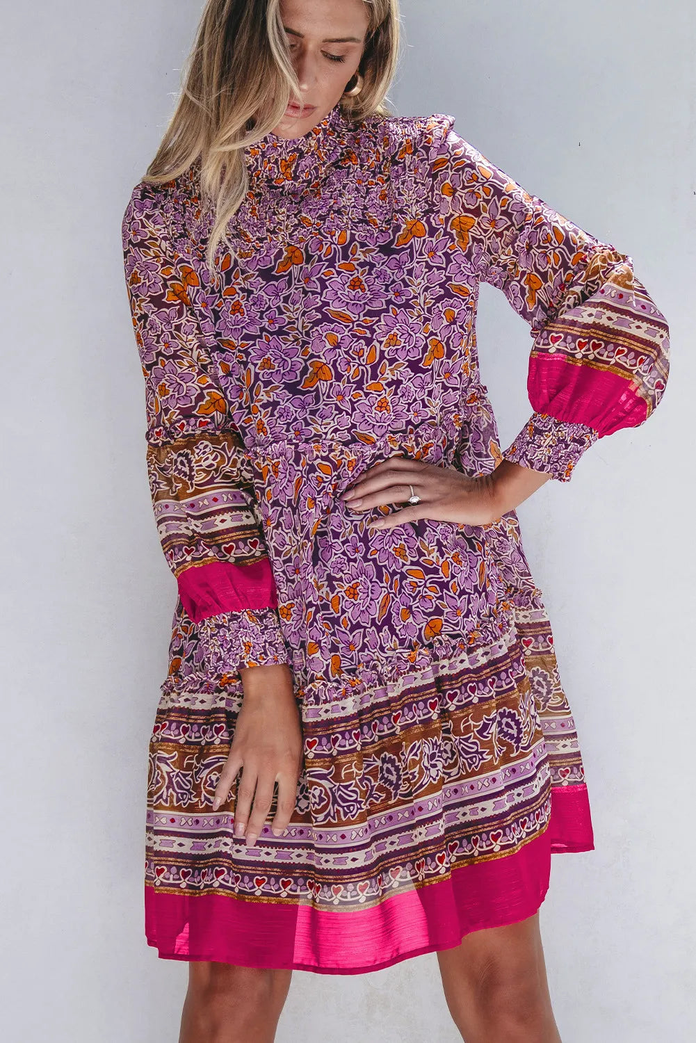 Smocked Floral Turtleneck Long Sleeve Dress