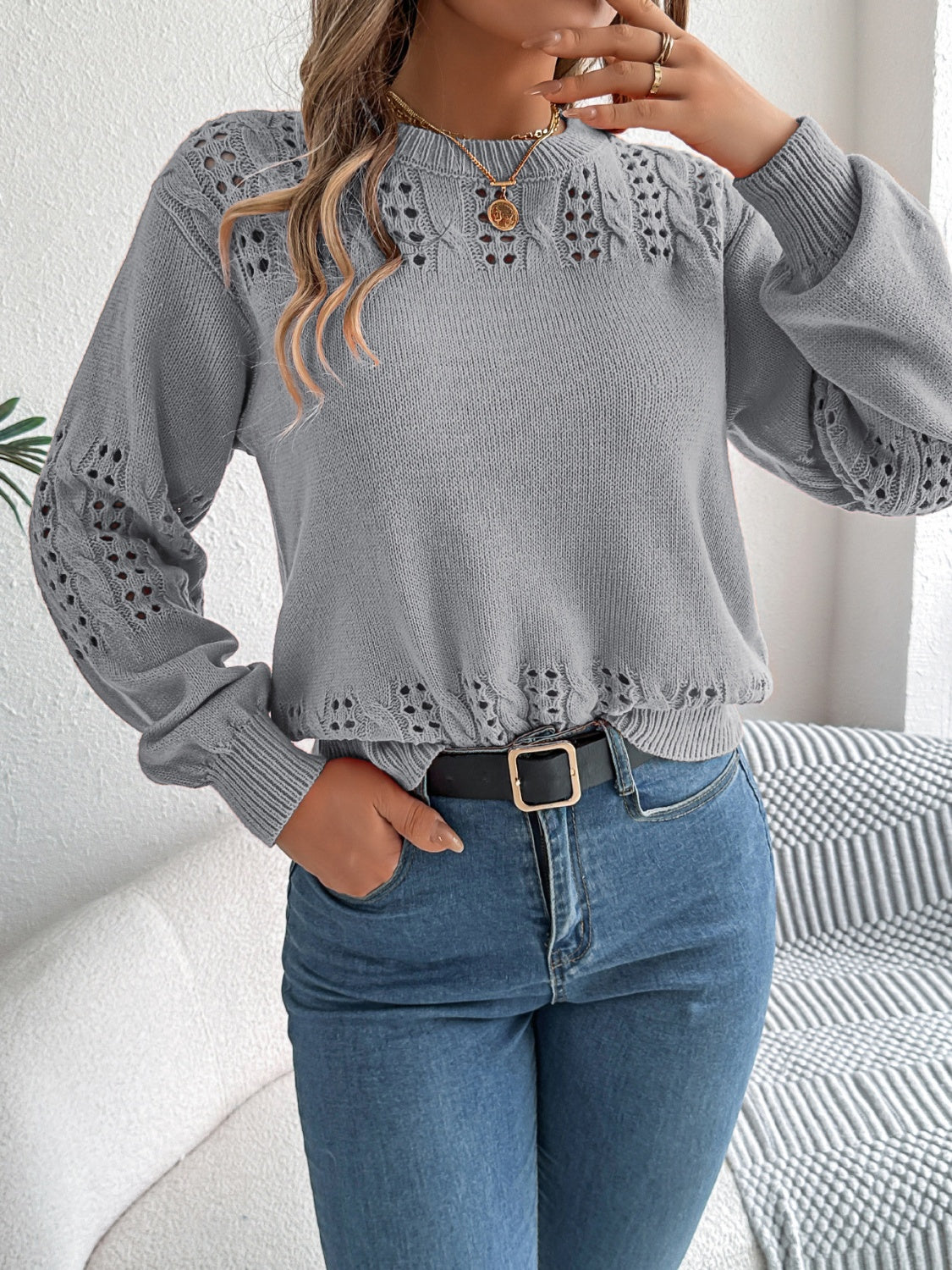 Openwork Round Neck Long Sleeve Sweater-True and Wild