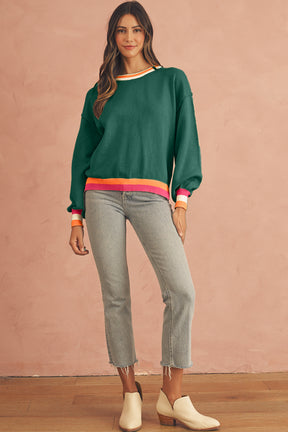 Parchment Striped Trim Drop Shoulder Sweater-True and Wild