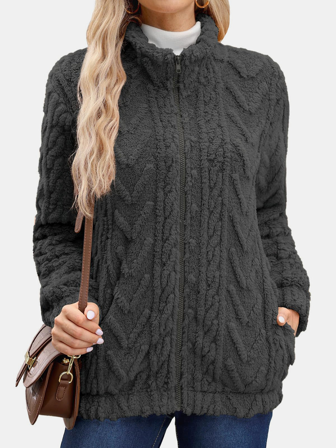 Fuzzy Zip Up Long Sleeve Jacket-True and Wild