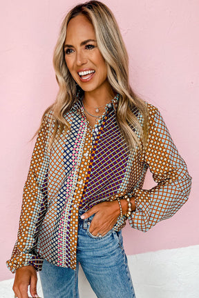 Brown Dot Print Long Sleeve Button Down Shift Shirt-True and Wild