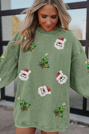 Grass Green Sequin Santa Clause Christmas Tree Patchwork Corded Sweatshirt-True and Wild