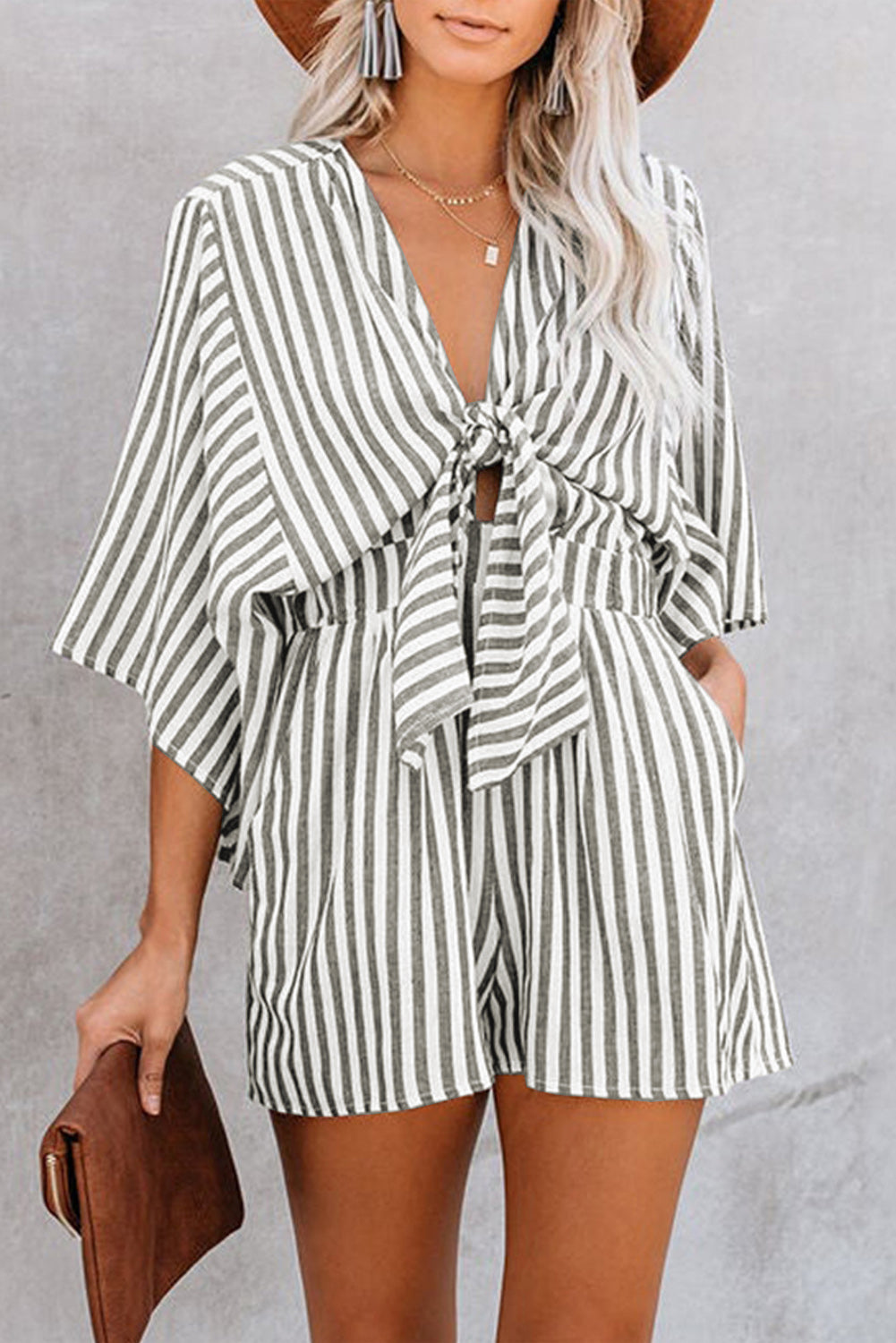 Bow Striped Kimono Sleeve Romper-True and Wild