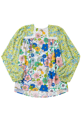 Green Bubble Sleeve Lace Detail Mixed Floral Blouse-True and Wild