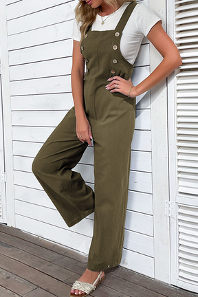 Jungle Green Solid Color Button Straight Leg Overall