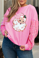 Pink Santa Claus Graphic Sequin Patchwork Sleeve Plus Size Christmas Sweatshirt-True and Wild