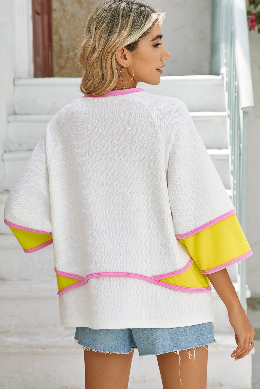 White Colorblock 3/4 Sleeve Relaxed Top