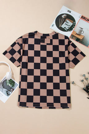 T Shirts - Light Beige Two Tone Checkered Crew Neck Loose T Shirt