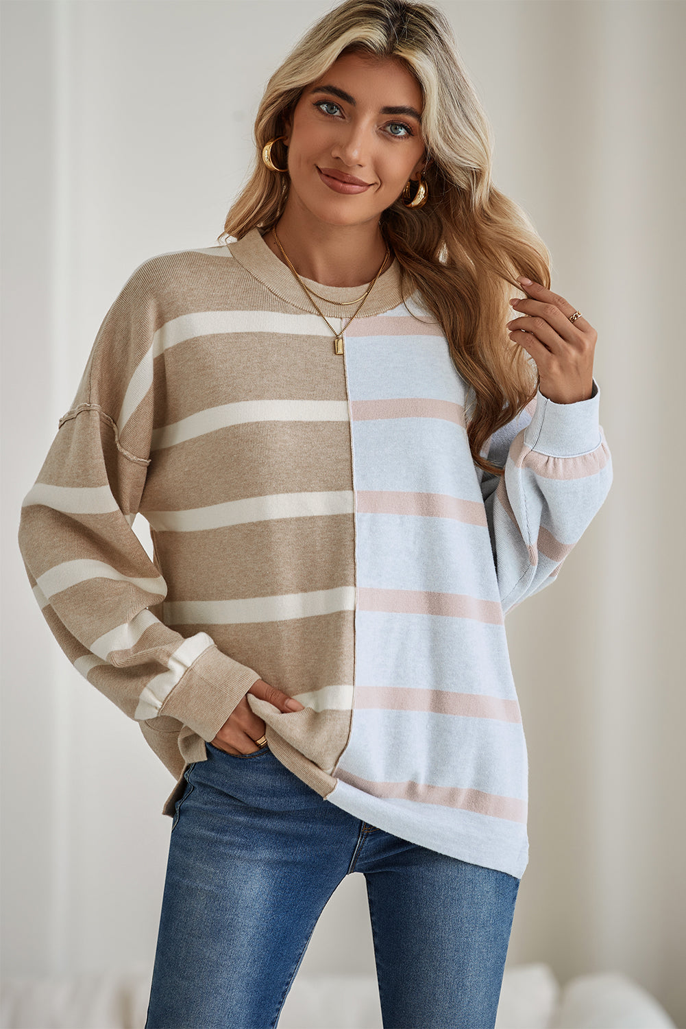 Light Beige Striped Colorblock Drop Shoulder Sweater-True and Wild