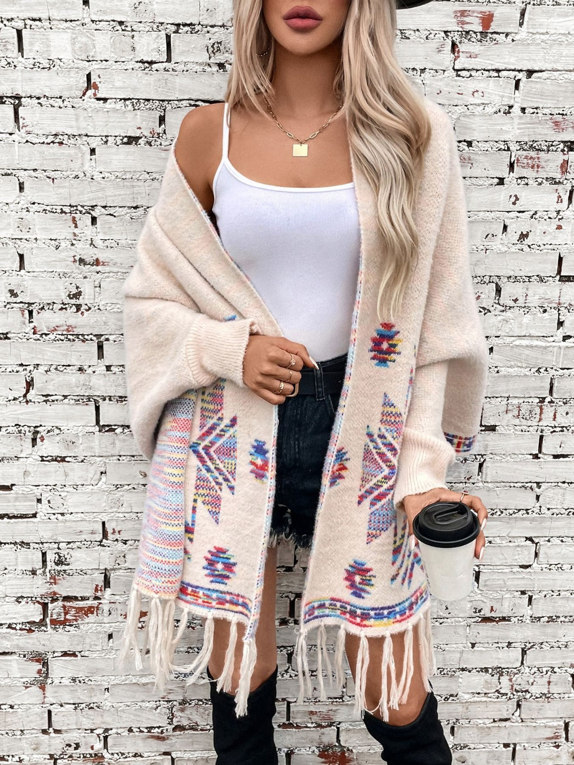 Fringe Geometric Open Front Long Sleeve Cape-True and Wild