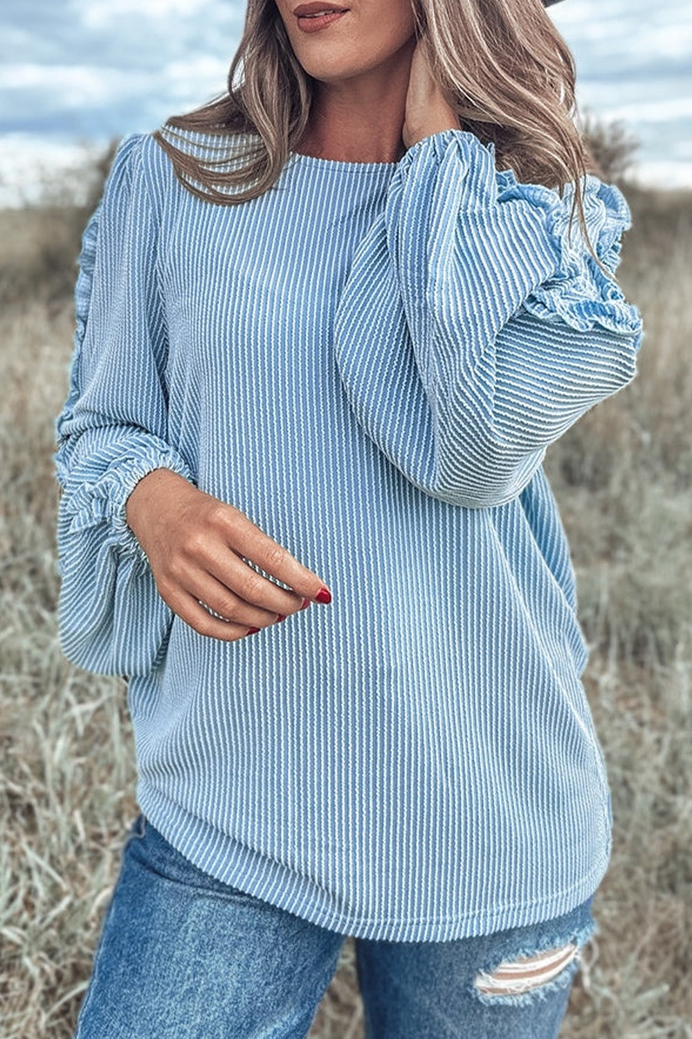 Frill Texture Round Neck Long Sleeve Sweatshirt-True and Wild