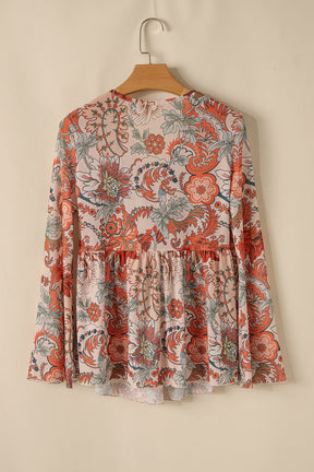 Orange Floral Bell Sleeve Pleated Blouse-True and Wild