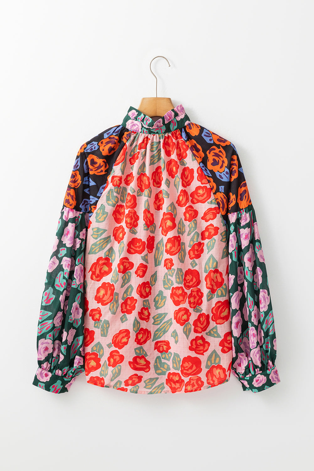 Red Colorblock Floral Print Puff Sleeve Shirt-True and Wild