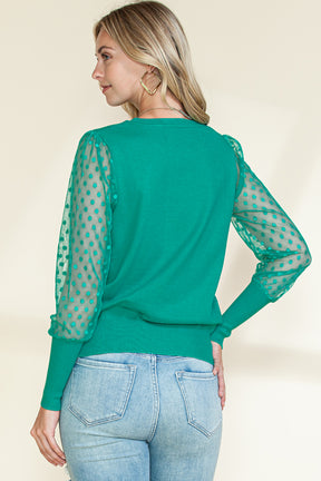 Green Dotted Mesh Puff Sleeve Top-True and Wild