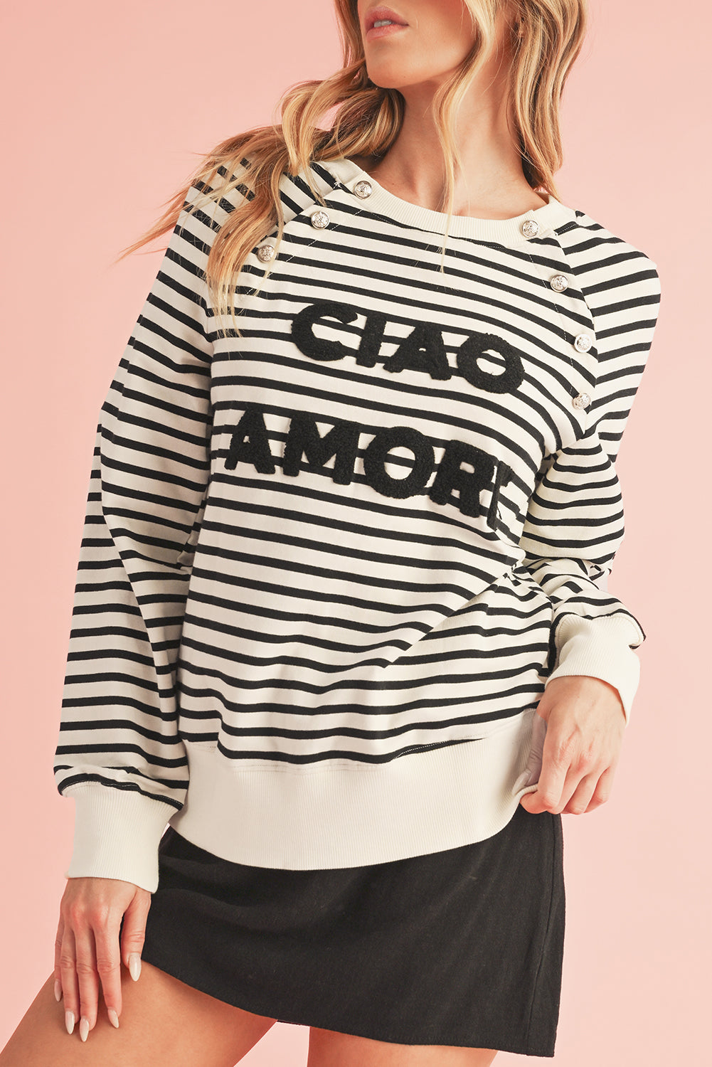 Black Stripe CIAO AMORE Graphic Buttoned Sweatshirt-True and Wild