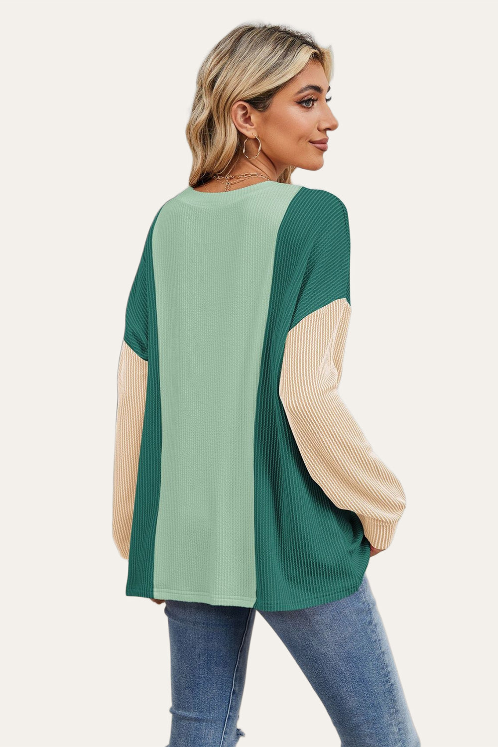 Double Take Texture Contrast Round Neck Long Sleeve T-Shirt-True and Wild