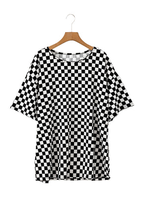 Black Checkered Print Side Slits Plus Size T Shirt-True and Wild