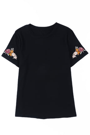 Black Casual Floral Embroidered Round Neck T Shirt-True and Wild