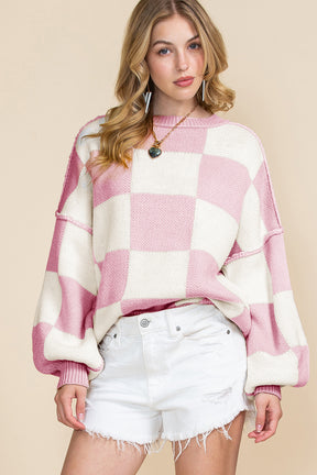 Orange & White Plaid Exposed Seam Bishop Sleeve Sweater-True and Wild