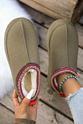 Chestnut Suede Contrast Print Round Toe Plush Lined Flats-True and Wild