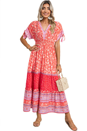 Red Boho Floral Tassel Tie Sleeve Maxi Dress-True and Wild