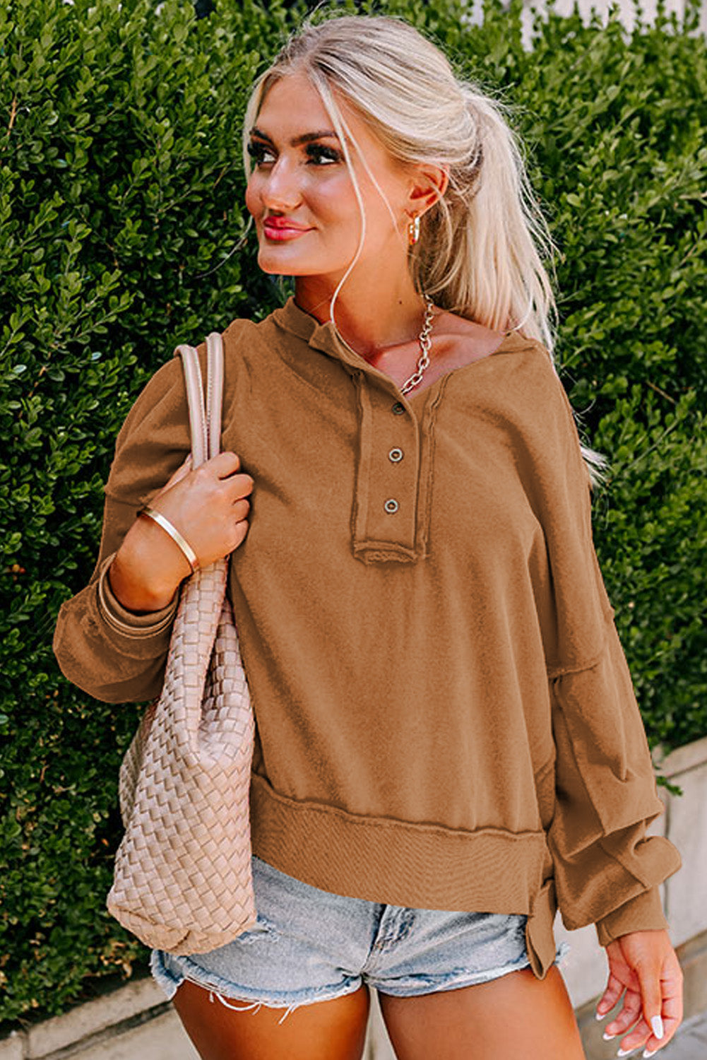 Chestnut Slouchy Drop Shoulder Henley Sweatshirt-True and Wild