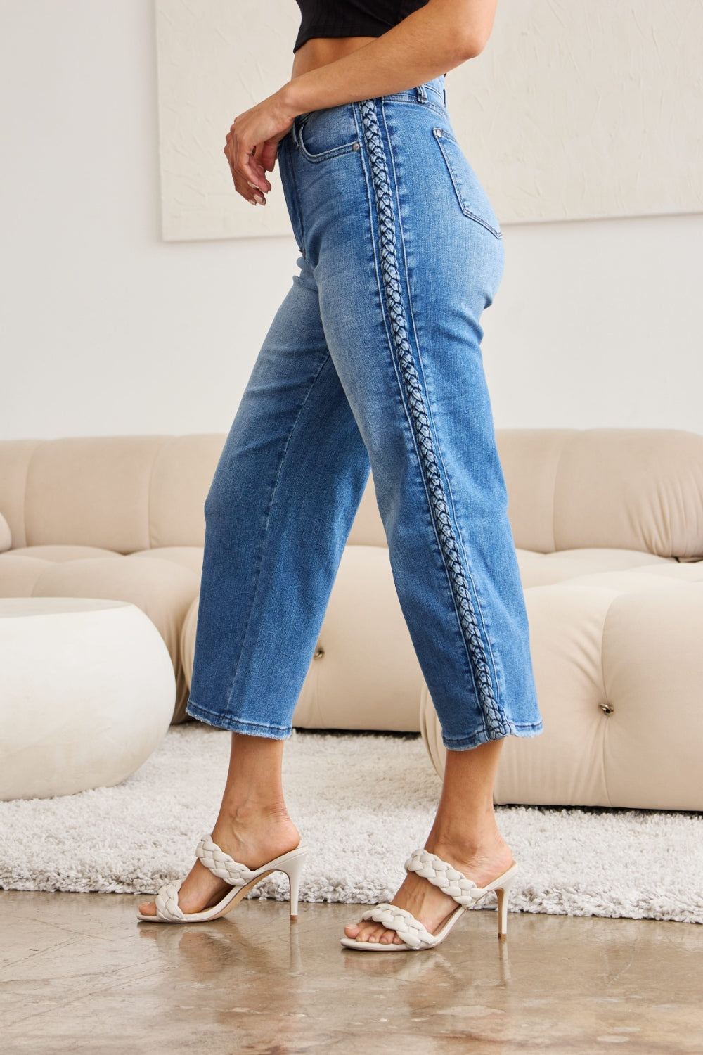 Judy Blue Full Size Braid Side Detail Wide Leg Jeans-True and Wild