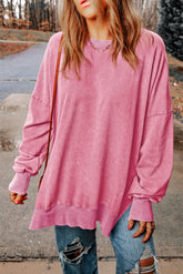 Pink Plain Drop Shoulder Ribbed Trim Oversized Sweatshirt-True and Wild