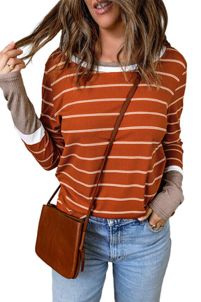 Brown Contrast Spliced Colorblock Cuffed Rib Knit Top-True and Wild