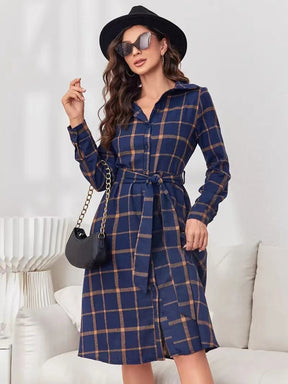 Plaid Tie Waist Long Sleeve Dress-True and Wild