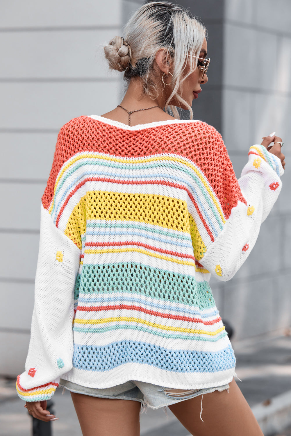 Hollow Striped Color Block Round Neck Sweater-True and Wild