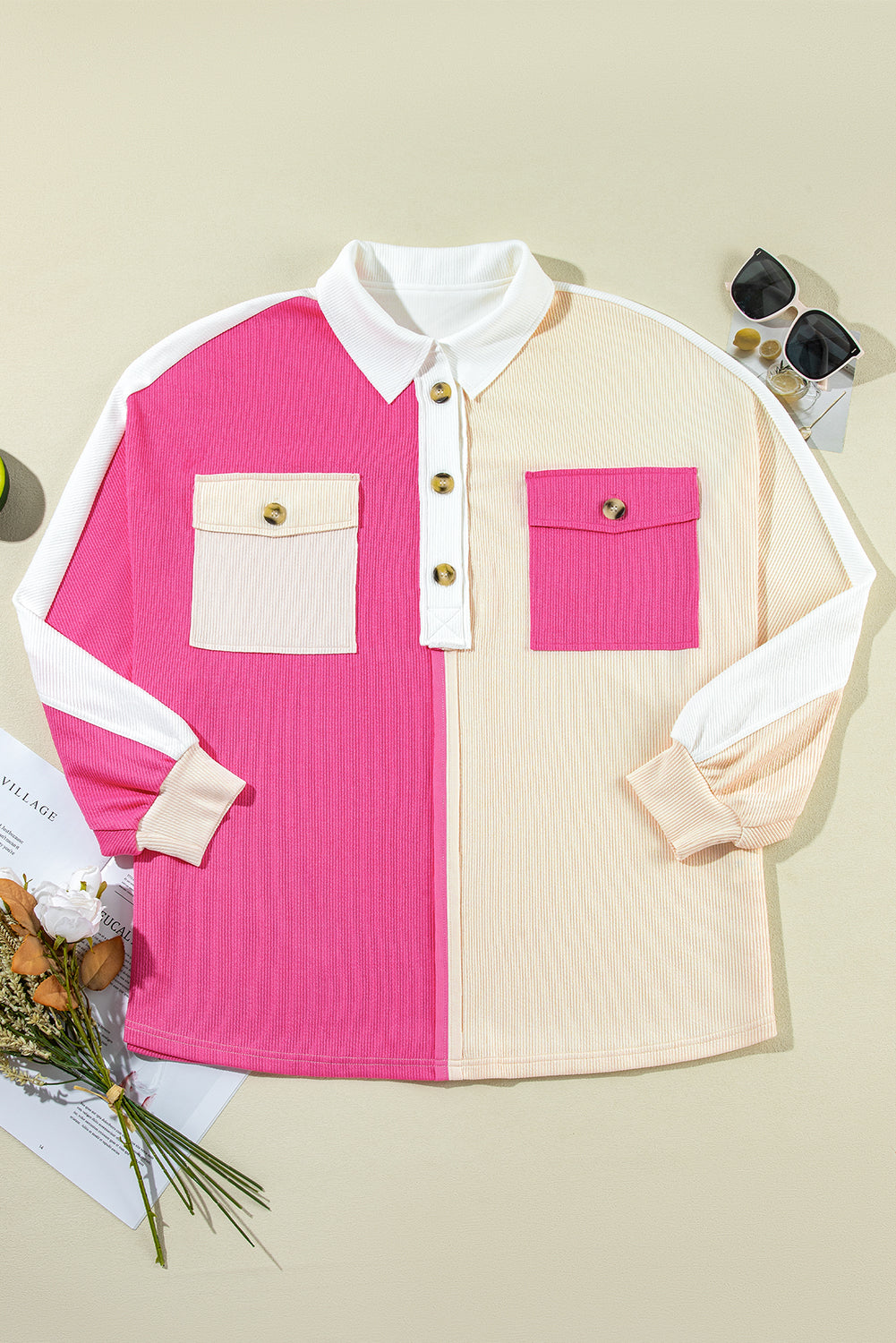 Pink Colorblock Patchwork Ribbed Oversized Sweatshirt-True and Wild