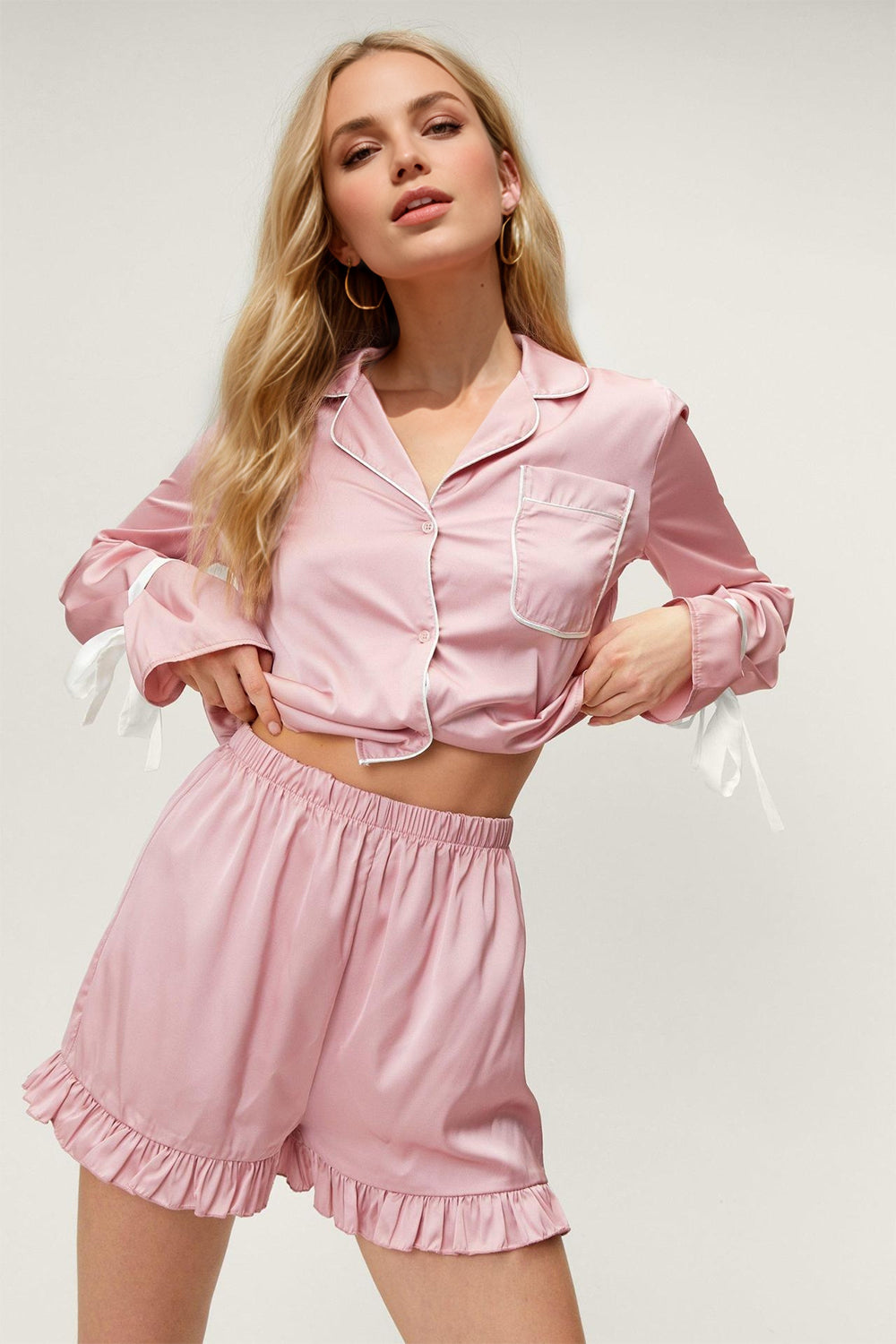 Basic Bae Tied Cuff Collared Neck Top and Frill Shorts Lounge Set-True and Wild