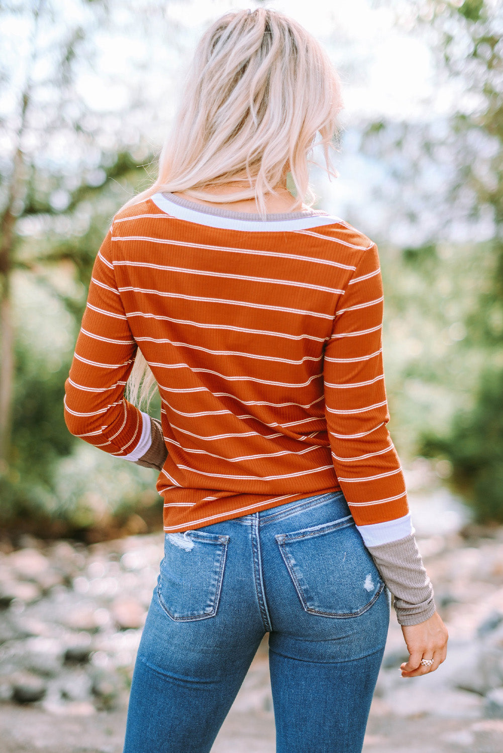 Brown Contrast Spliced Colorblock Cuffed Rib Knit Top-True and Wild