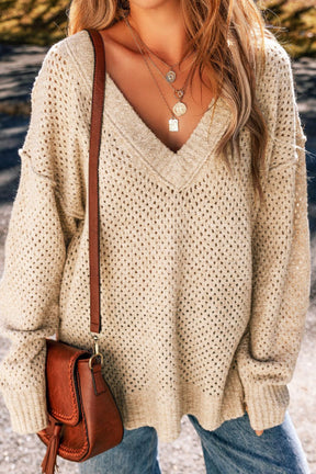 V-Neck Dropped Shoulder Long Sleeve Sweater