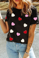 Black Valentines Chenille Heart Patched Pattern Crewneck Tee-True and Wild