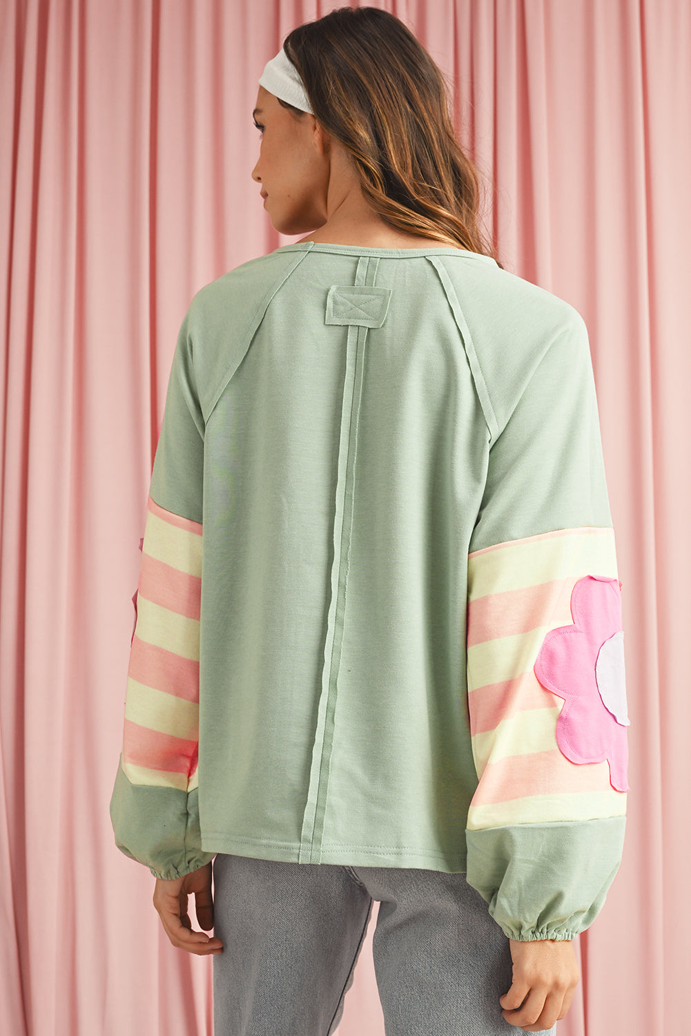 Smoke Green Flower Patchwork Exposed Seam Raglan Sleeve Top