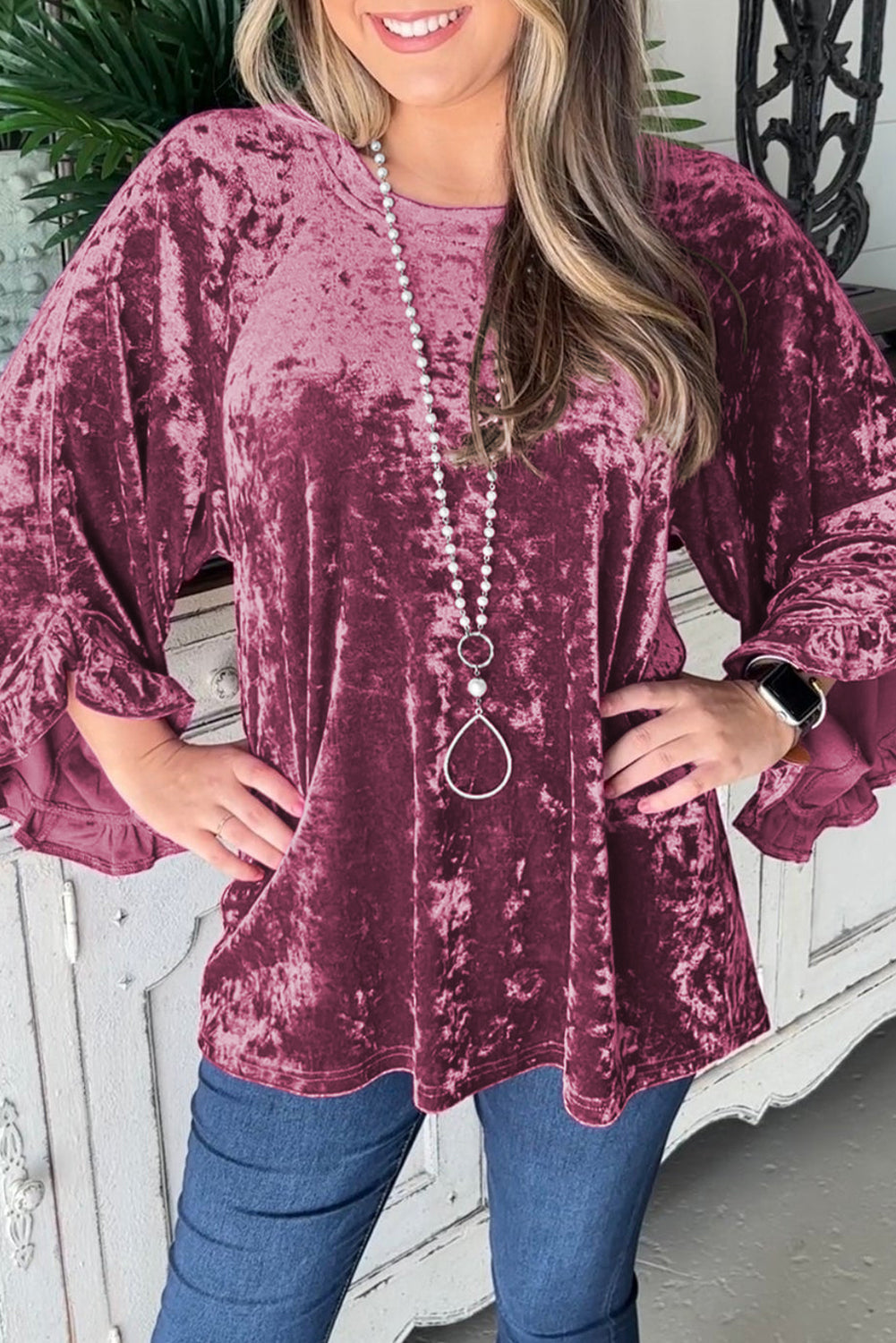 Red Dahlia Ruffle Bell Sleeve Loose Velvet Blouse-True and Wild