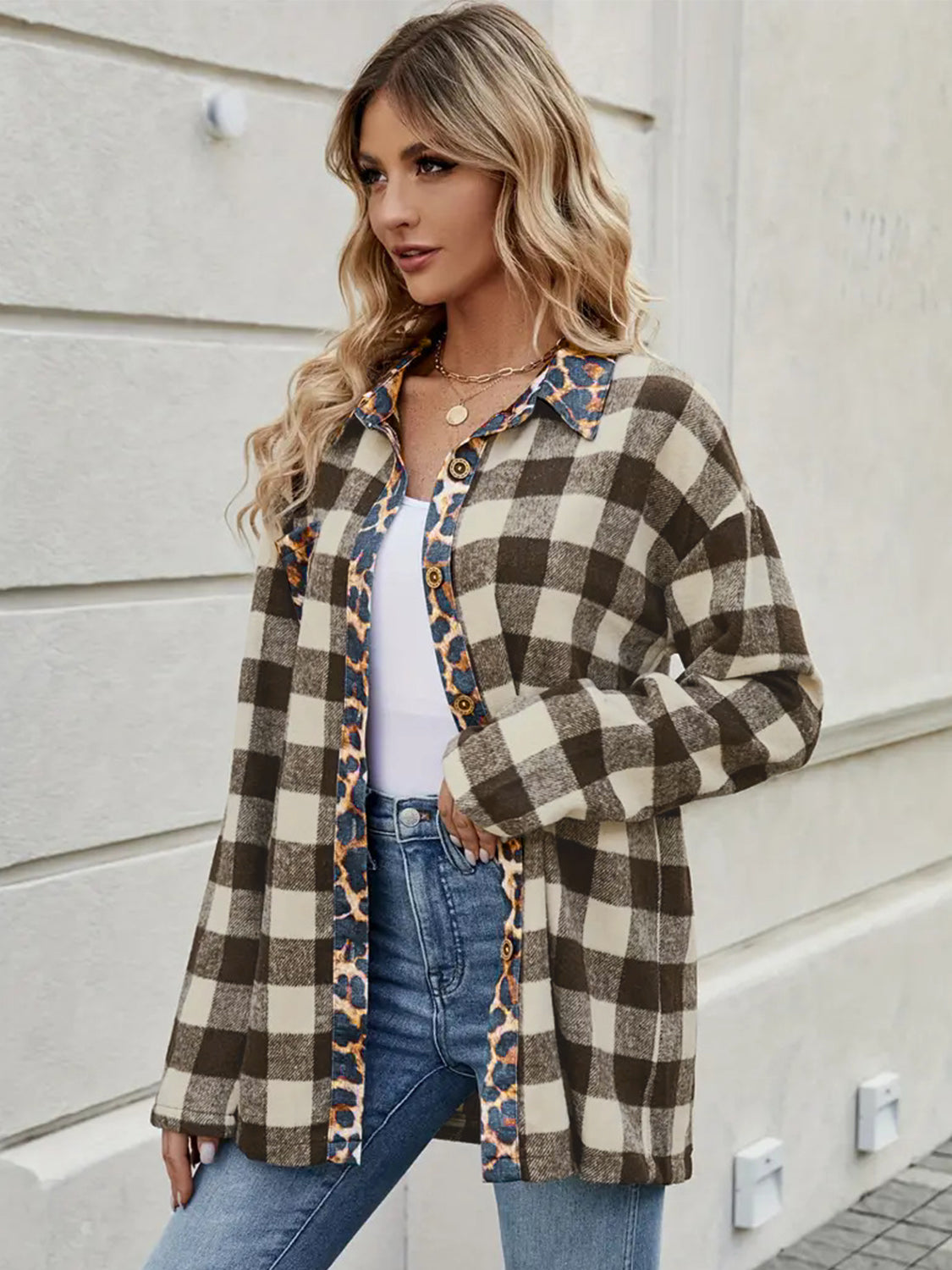 Leopard Trim Plaid Collared Neck Long Sleeve Shirt-True and Wild