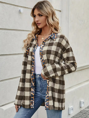 Leopard Trim Plaid Collared Neck Long Sleeve Shirt-True and Wild