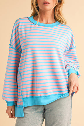 Pink Stripe Contrast Trim High Low Tunic Sweatshirt-True and Wild