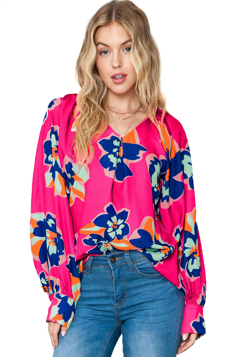 Rose Floral Print V Neck Puff Sleeve Blouse-True and Wild